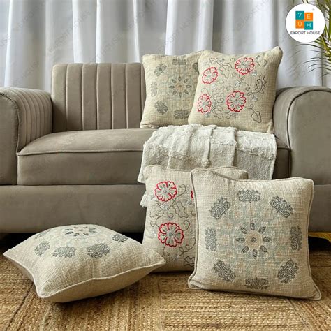 Cotton Embroidered Cushion Cover - Premium Set of 5, Size:40cm X 40cm ...