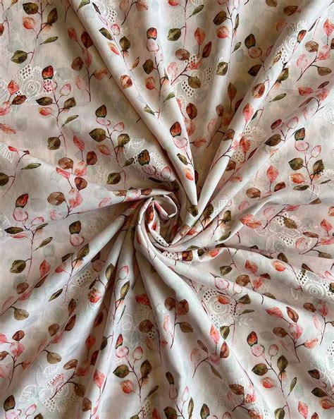 White Cotton Embroidered Fabric with Rama Leaf Print – Lavanya India