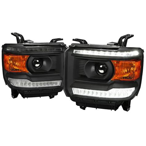 2014-2019 GMC Sierra LED Light Strip Projector Headlights (Matte Black Housing/Clear Lens ...