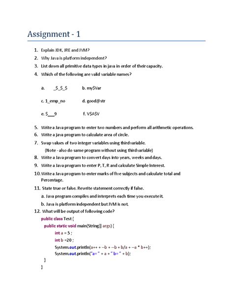 Core Java Assignments - Day 1 Overview and Tasks - Studocu