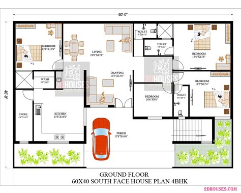 South facing 60x40 house plans 4bhk and parking - 2DHouses - Free House ...