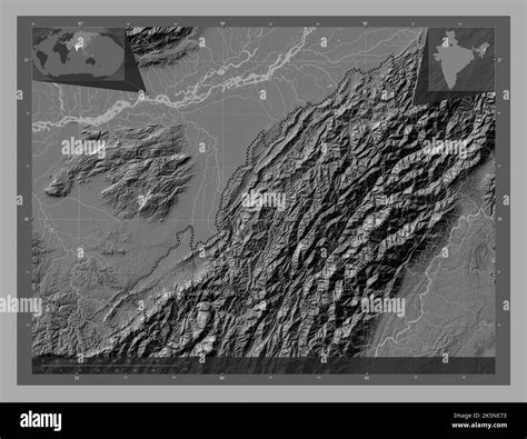 Nagaland, state of India. Bilevel elevation map with lakes and rivers. Corner auxiliary location ...