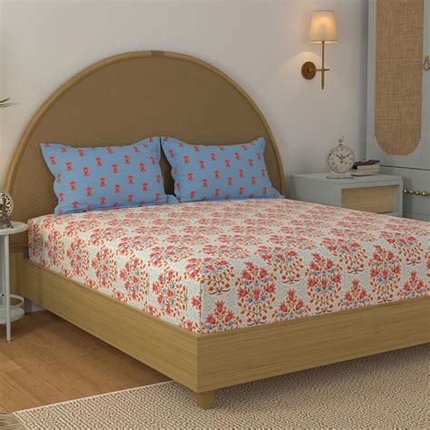 Buy STELLAR HOME Jharokha Cotton 120TC Floral Print 3Pcs Queen Bedsheet ...