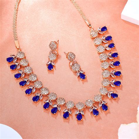 Buy Estele Rose Gold Plated CZ Attractive Necklace Set with Blue ...