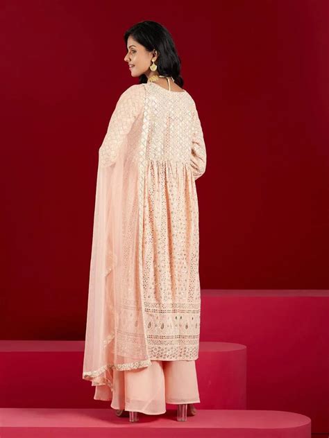 Buy Peach Embroidered Georgette A-Line Kurta With Palazzos & Dupatta ...