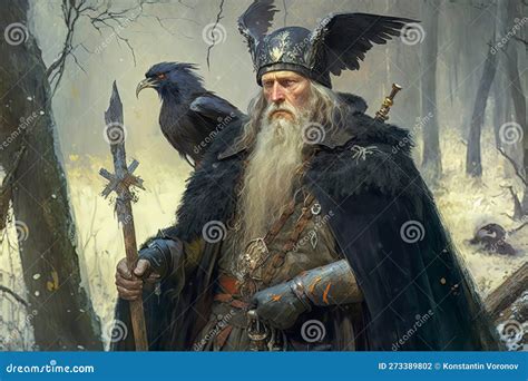 Odin Skandinavian God with His Ravens Huginn, Muninn. Concept ...