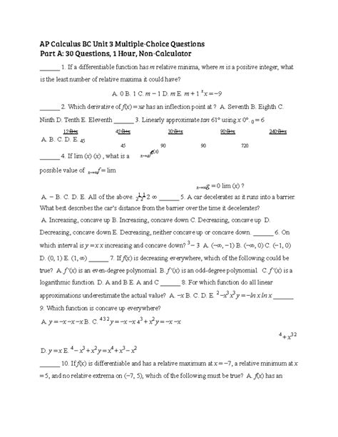 BC Calc Unit 3 MCQ Practice - AP Calculus BC Unit 3 Multiple-Choice ...