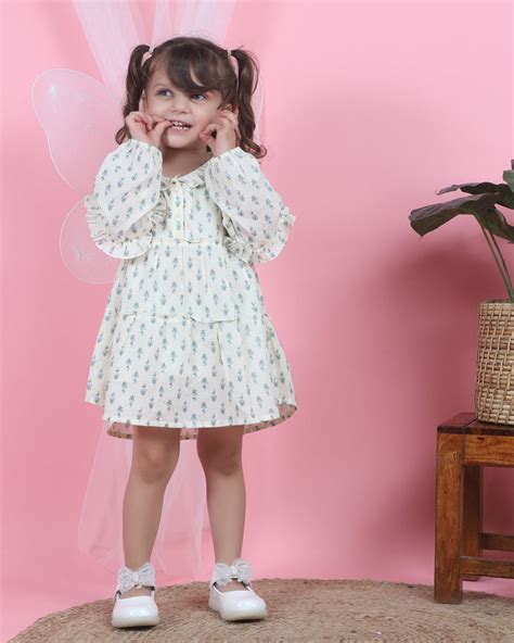 Polka Tots Off White-Frock Dress-Floral Print-Cotton Muslin-For Infants ...
