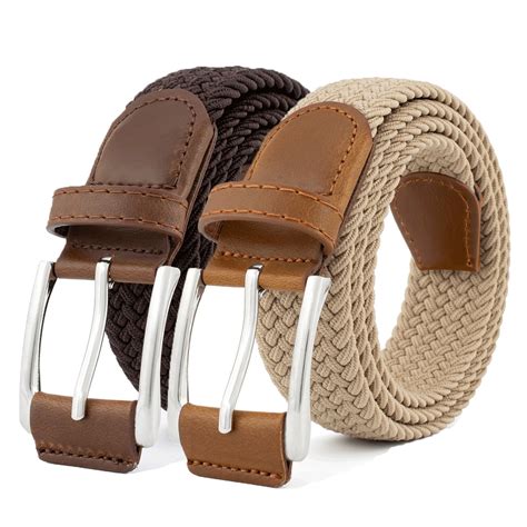 Beltzy 2pcs Mens Braided Elastic Belts, Stretch Woven Leather Belt for ...