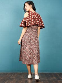 Brown Rust Beige Hand Block Printed Cotton Cape Dress With Cold Should ...