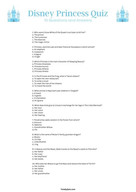 Disney Princess Quiz - 10 Multiple Choice Questions
