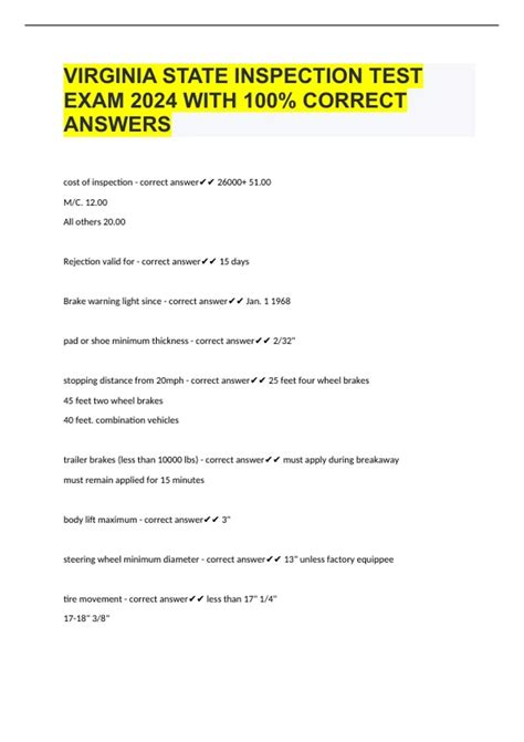 VIRGINIA STATE INSPECTION TEST EXAM 2024 WITH 100% CORRECT ANSWERS ...
