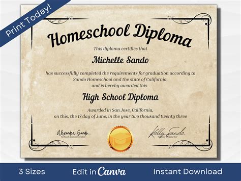 Printable Homeschool Diploma Template | Editable High School Diploma ...