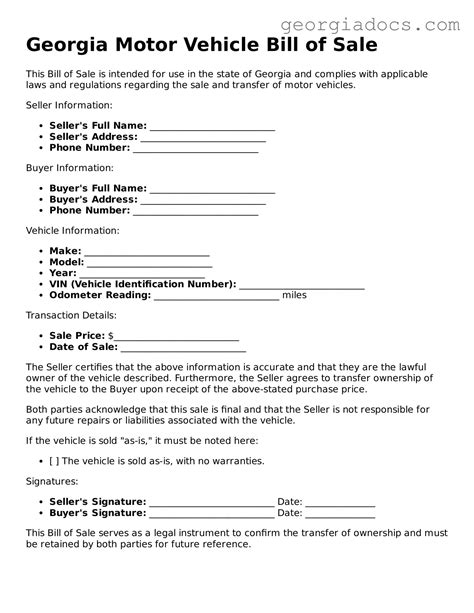Georgia Motor Vehicle Bill of Sale Template Blank PDF Form