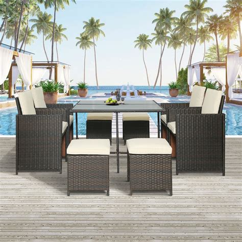 enyopro 9 Piece Patio Furniture Dining Set, Outdoor Rattan Wicker Patio ...