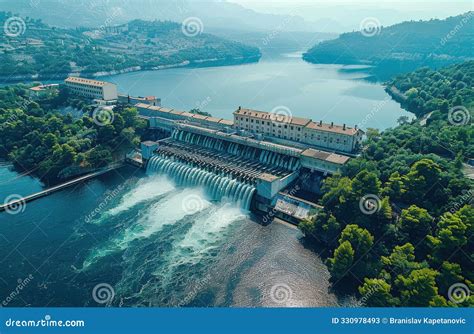 Aerial View Of A Hydropower Station Near Milos, Showcasing Dam Structures Controlling Water Flow ...