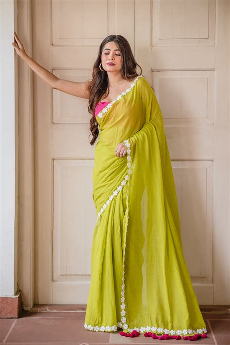 Flower Lime Green Mulmul Cotton Saree – RODDUR