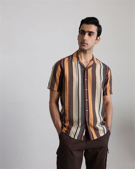 Brown Textured Stripe Slim Fit Casual Shirt