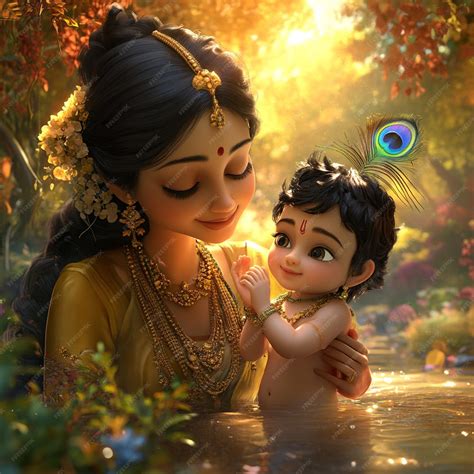 Baby Krishna and Mother Yashoda in a Magical Forest | Premium AI-generated image