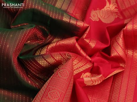 Pure soft silk saree manthulir green and red with allover zari weaves ...