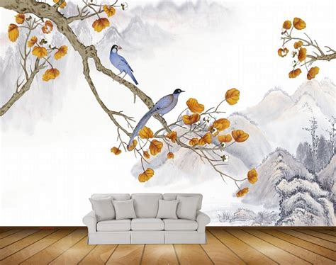 Avikalp MWZ1464 Golden Flowers Birds Branches 3D HD Wallpaper – Avikalp ...