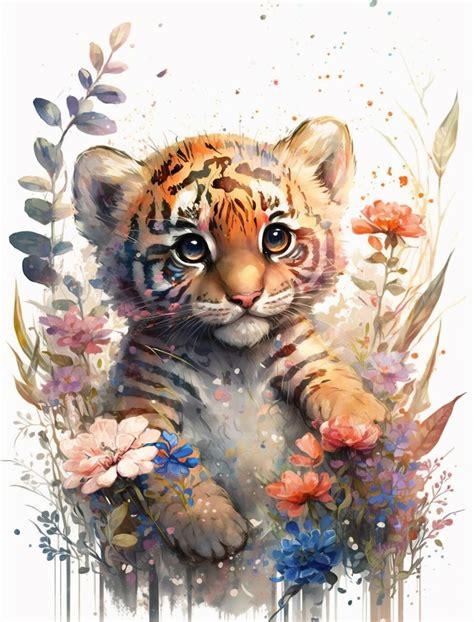Premium Photo | A watercolor painting of a tiger cub in flowers