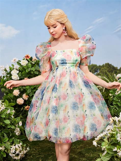 Floral Print Puff Sleeve Tie Back Organza Dress | Frock for women ...