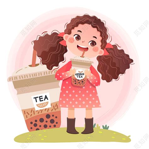 手拿奶茶杯的少女卡通素材下载-欧莱凯设计网
