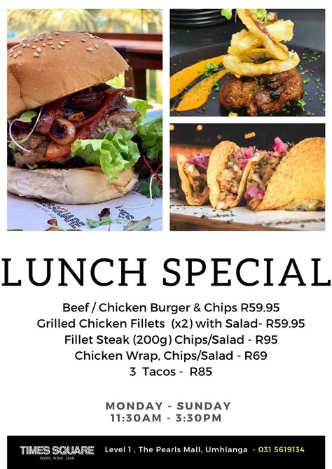 Menu at Times Square, Umhlanga restaurant, Durban