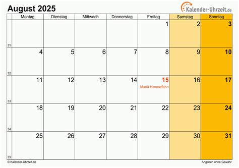 August 2025 Kalender mit Feiertagen