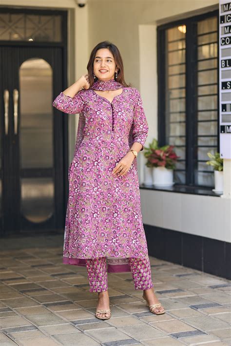 Hand Block Print Cotton Suits With Kota Doria Dupatta