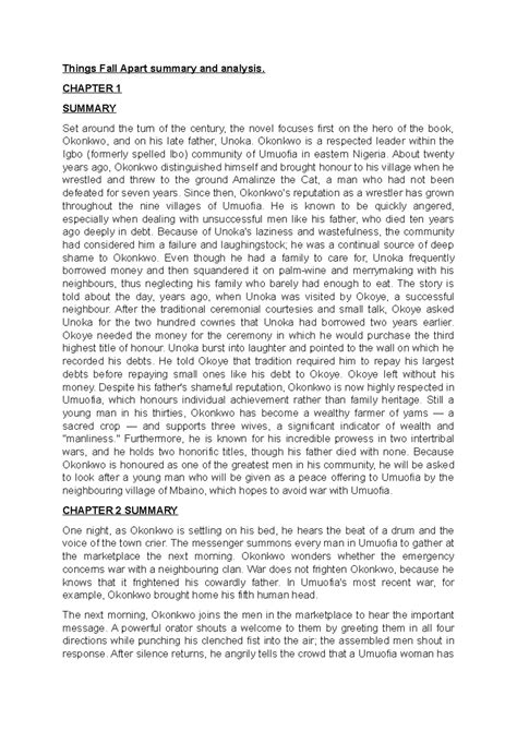 Things Fall Apart (PART 1) - Summary & Analysis of Chapters 1-5 - Studocu