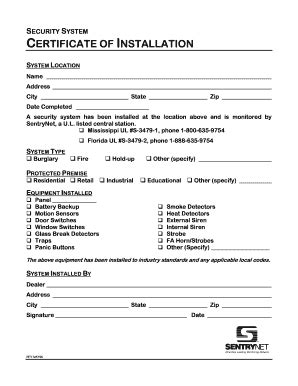 2006-2026 Form Sentry Net Security System Certificate of Installation ...