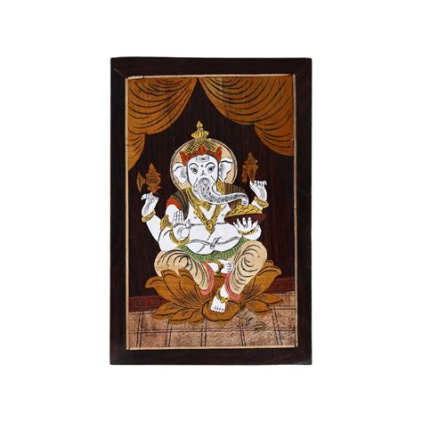 Mysore Inlay Rosewood Painting – Lord Ganesha Seated on a Lotus – Natriel