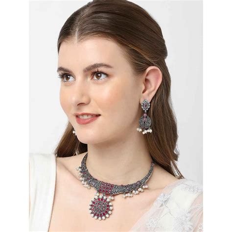 Buy OOMPH Oxidised Silver Maroon Stones and Pearls Necklace with ...
