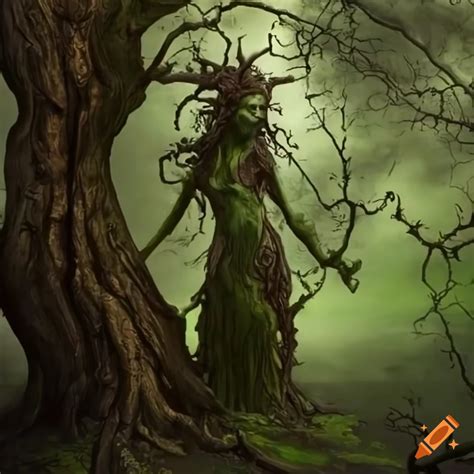 Artwork of a wounded dryad guarding a magical tree on Craiyon