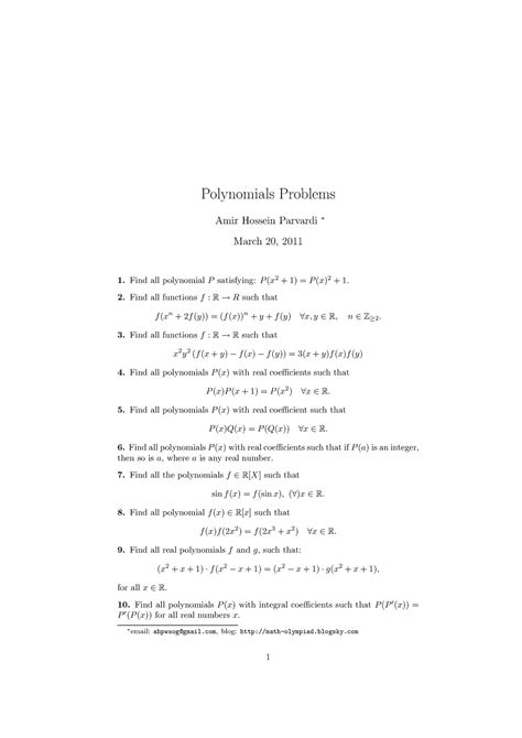 Polynomials-amir-parvadi - Polynomials Problems Amir Hossein Parvardi ∗ ...