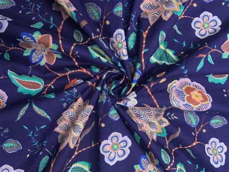 Navy Blue Floral Cotton Cambric Modal Fabric