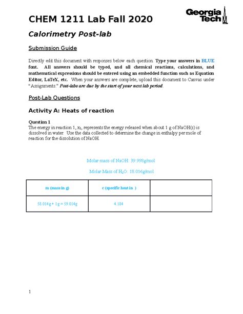 Calorimetry postlab - Calorimetry Post-lab Submission Guide Directly ...