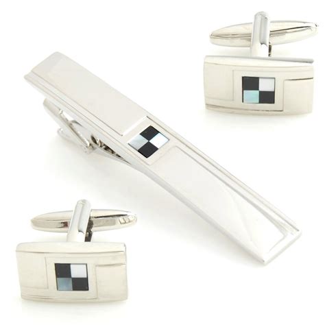 PELUCHE Silver Coloured Brass Checks - Cufflink and Tiepin Set - (MOP ...