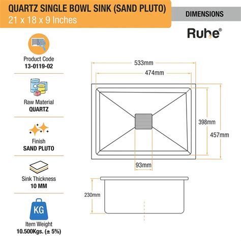 Ruhe Quartz Single Bowl Kitchen Sink (21 x 18 x 9 Inches) Sand Pluto ...