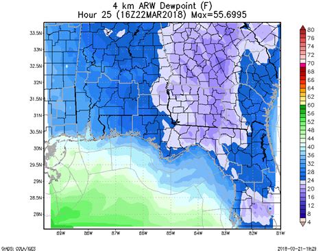 WRF ARW 4KM 2 Meter Dewpoints