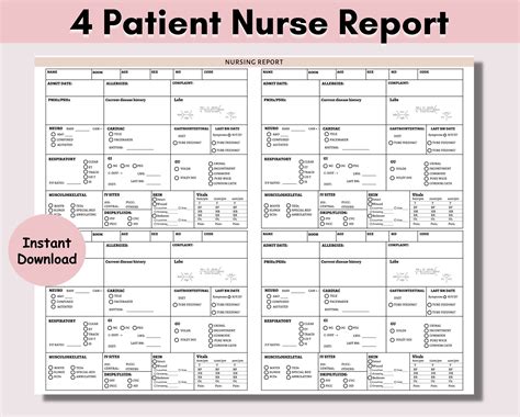 4 Patient Nurse Report Sheet, Printable Template, Nurse Brain Sheet ...
