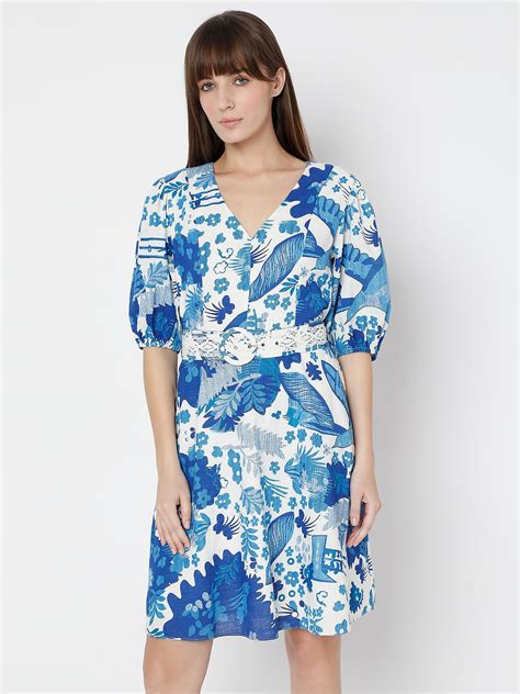 White & Blue Printed Short Dress