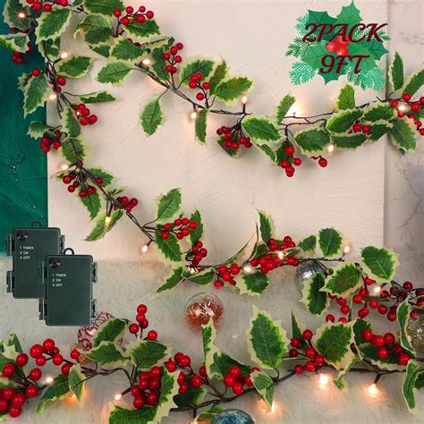 Amazon.com: Juegoal 2 Pack Christmas Garlands, 9FT Pre-lit Red Berries ...