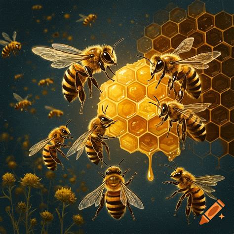 Digital painting of honey bees surrounding and working on a honeycomb ...