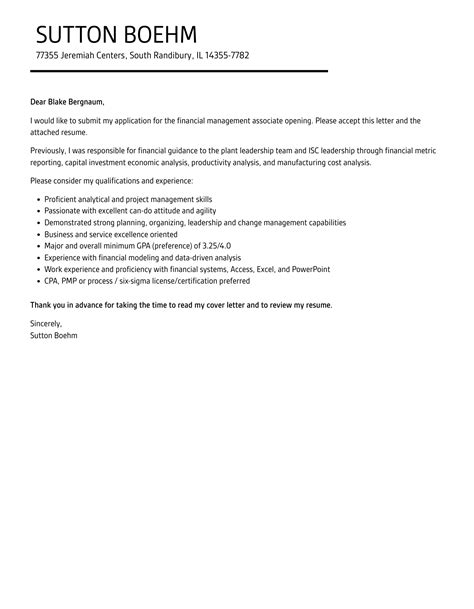 Financial Management Associate Cover Letter | Velvet Jobs