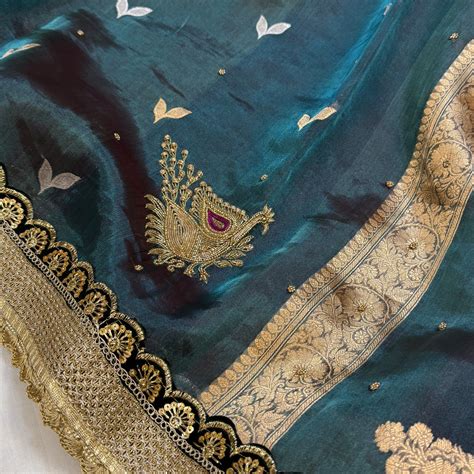 Baarat wali saree - Peacock blue husn tissue silk hand embroidered sar ...