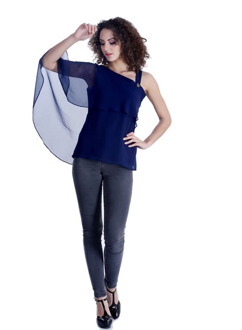 Buy Goddess Women's Navy Solid Georgette Top Online @ ₹499 from ShopClues