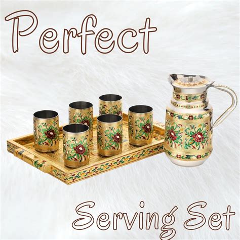 Meenakari Flower Lemon Set Steel | Glass Jug & Tray Serving Set